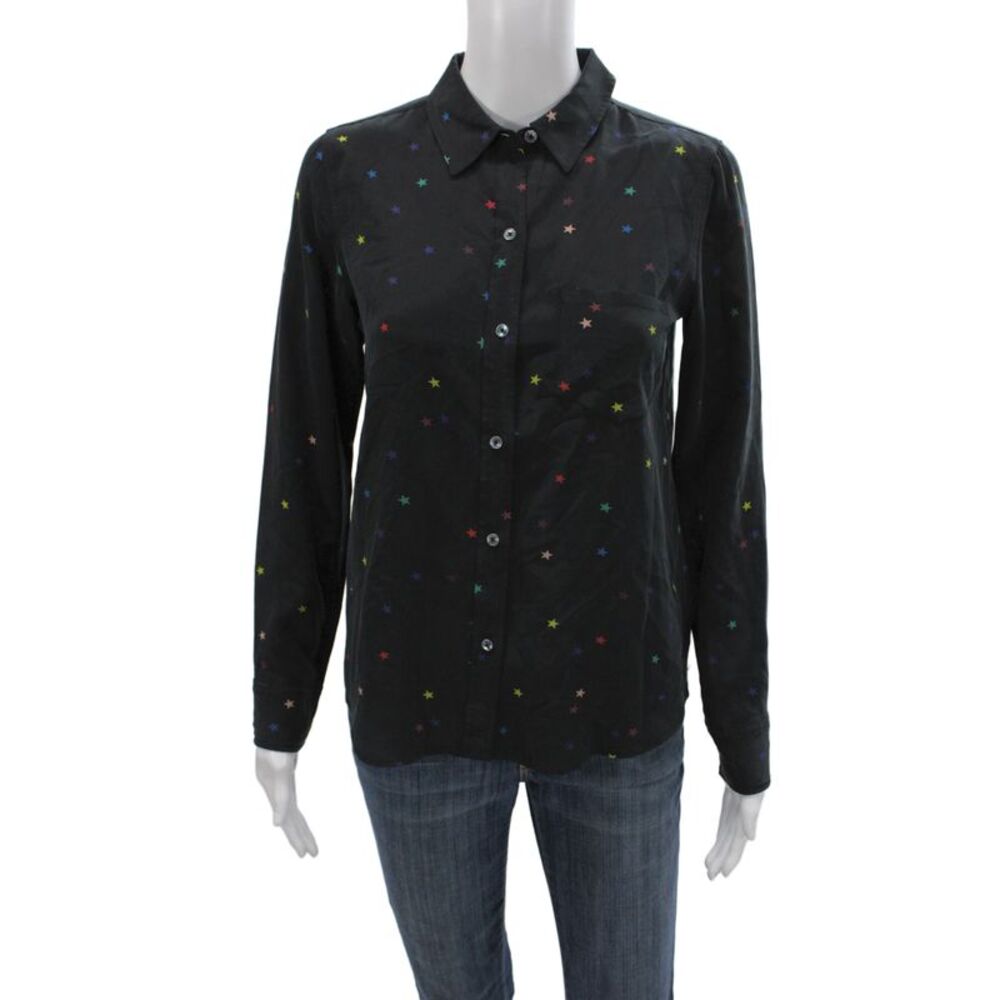 Rails Womens Black Silk Collared Button Up Geometric Long Sleeve Size XS